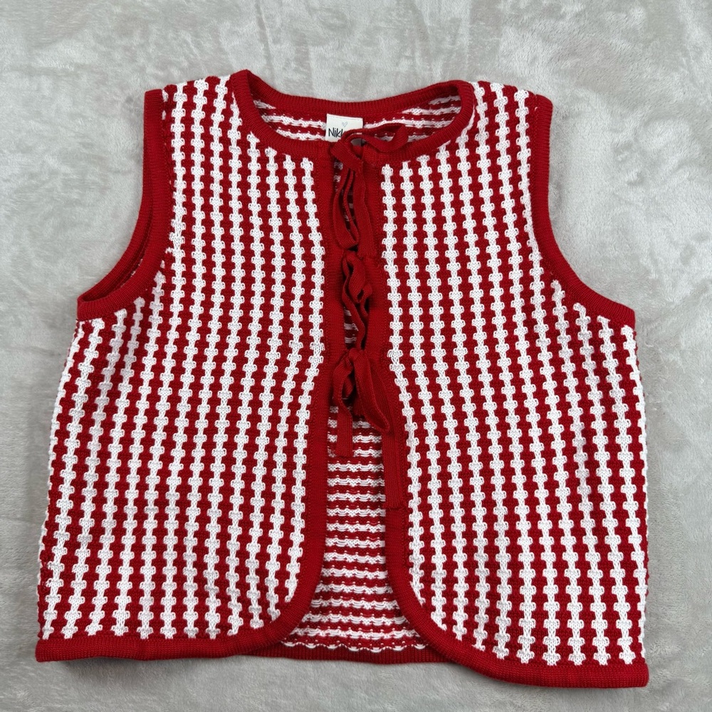 Cottagecore Red White Knit Tie Front Sweater Vest Crochet Open Front L Nikka K